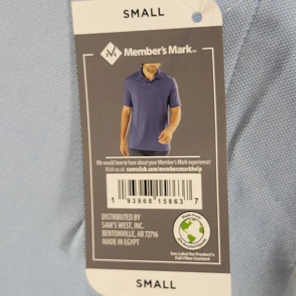 Members Mark Men's Pique Polo Shirt, Blue, Size S, NWT